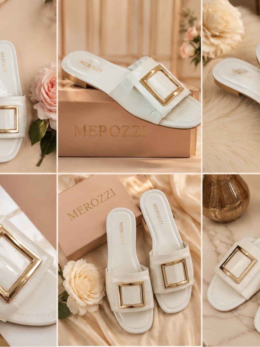White Slide Sandals with Gold Buckle
